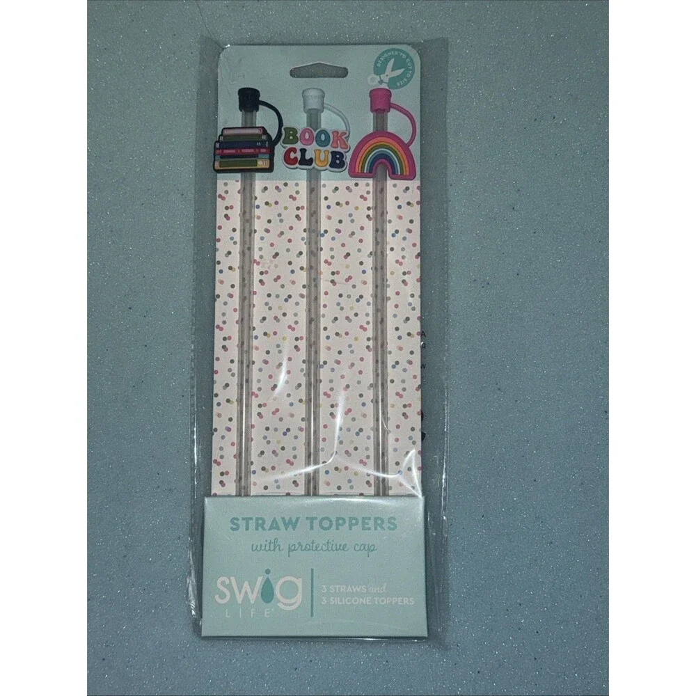 Swig Life Set Of 3 Straws W/ Toppers BOOK CLUB Books & Rainbow SEALED